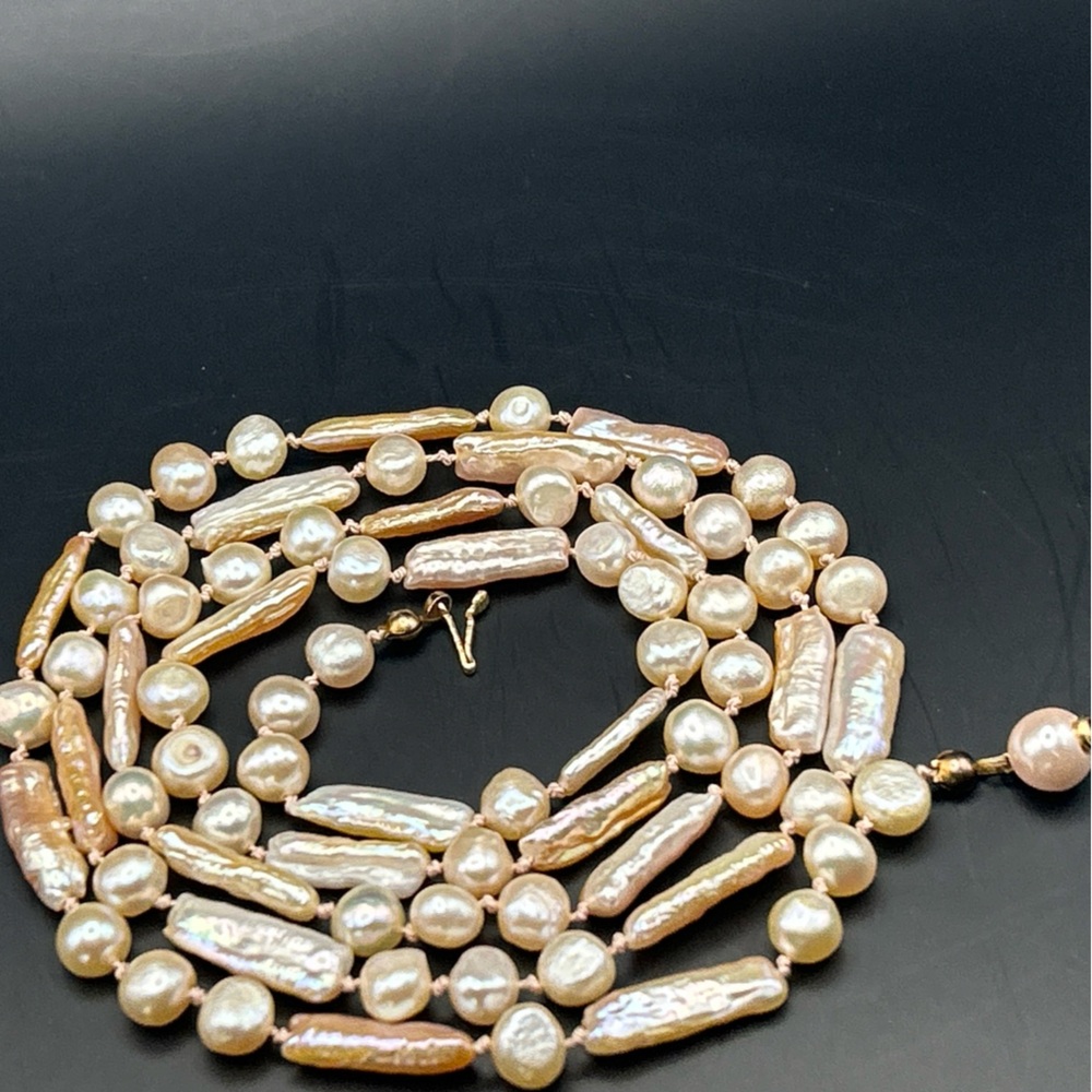 Freshwater Cultured Pearl Necklace Strand 34.5” Strand Stick Round Cream Knottd